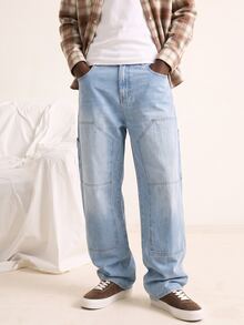 VOXRYNE Men's Casual Washed Tiger Print Distressed Straight Leg Jeans Blue Baggy Jeans Men - Light Wash - View 4