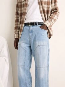 VOXRYNE Men's Casual Washed Tiger Print Distressed Straight Leg Jeans Blue Baggy Jeans Men - Light Wash - View 8