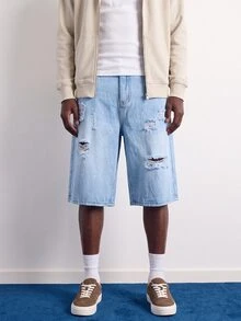 VOXRYNE Men's Casual Distressed Pocket Denim Wide Leg Shorts, Holiday - Blue - View 7