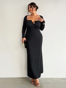 Firerie Plus Size Women's Metal Design Long Sleeve Slim Fit Elegant Dress New Year Formal Evening Black Fall/Winter Black Dress For Women Fall/Winter Women - Black - View 6