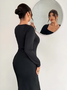 Firerie Plus Size Women's Metal Design Long Sleeve Slim Fit Elegant Dress New Year Formal Evening Black Fall/Winter Black Dress For Women Fall/Winter Women - Black - View 2