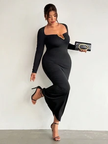 Firerie Plus Size Women's Metal Design Long Sleeve Slim Fit Elegant Dress New Year Formal Evening Black Fall/Winter Black Dress For Women Fall/Winter Women - Black - View 7