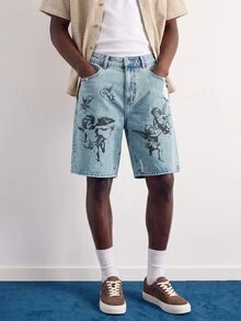 VOXRYNE Men's Streetwear Gothic Style Angel Print Washed Denim Shorts - Medium Wash - View 5