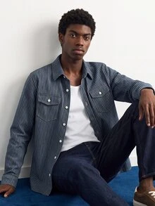 VOXRYNE Men's Blue Vertical Striped Denim Casual Slim Fit Shirt - Medium Wash - View 2