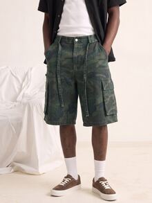 VOXRYNE Men's Streetwear Casual Multi-Pocket Patchwork Cargo Waist Rope Camouflage Denim Shorts - Army Green - View 6