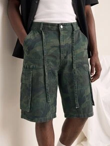 VOXRYNE Men's Streetwear Casual Multi-Pocket Patchwork Cargo Waist Rope Camouflage Denim Shorts - Army Green - View 8