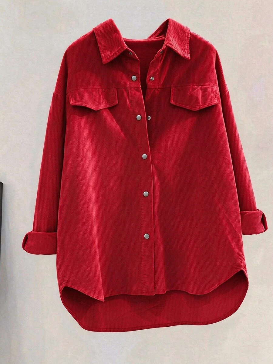 SHEIN LUNE قميص نسائي من الكوردروي بأكمام طويلة وقصة فضفاضة مقاس كبير للخريف - عنابي اللون - مشاهدة 1