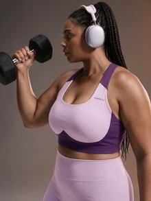 Powerista Women's Plus Size Adjustable Colorblock Sports Bra Purple High Impact Support Knit Breathable Gym Yoga Workout Bra Fall Winter - Purple - View 3