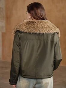 Anewsta Women's Autumn/Winter Short Padded Coat With Lapel Collar, Retro Dropped Shoulder Loose Silhouette - Army Green - View 7