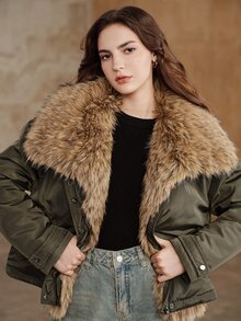 Anewsta Women's Autumn/Winter Short Padded Coat With Lapel Collar, Retro Dropped Shoulder Loose Silhouette - Army Green - View 6