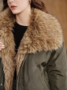 Anewsta Women's Autumn/Winter Short Padded Coat With Lapel Collar, Retro Dropped Shoulder Loose Silhouette - Army Green - View 2