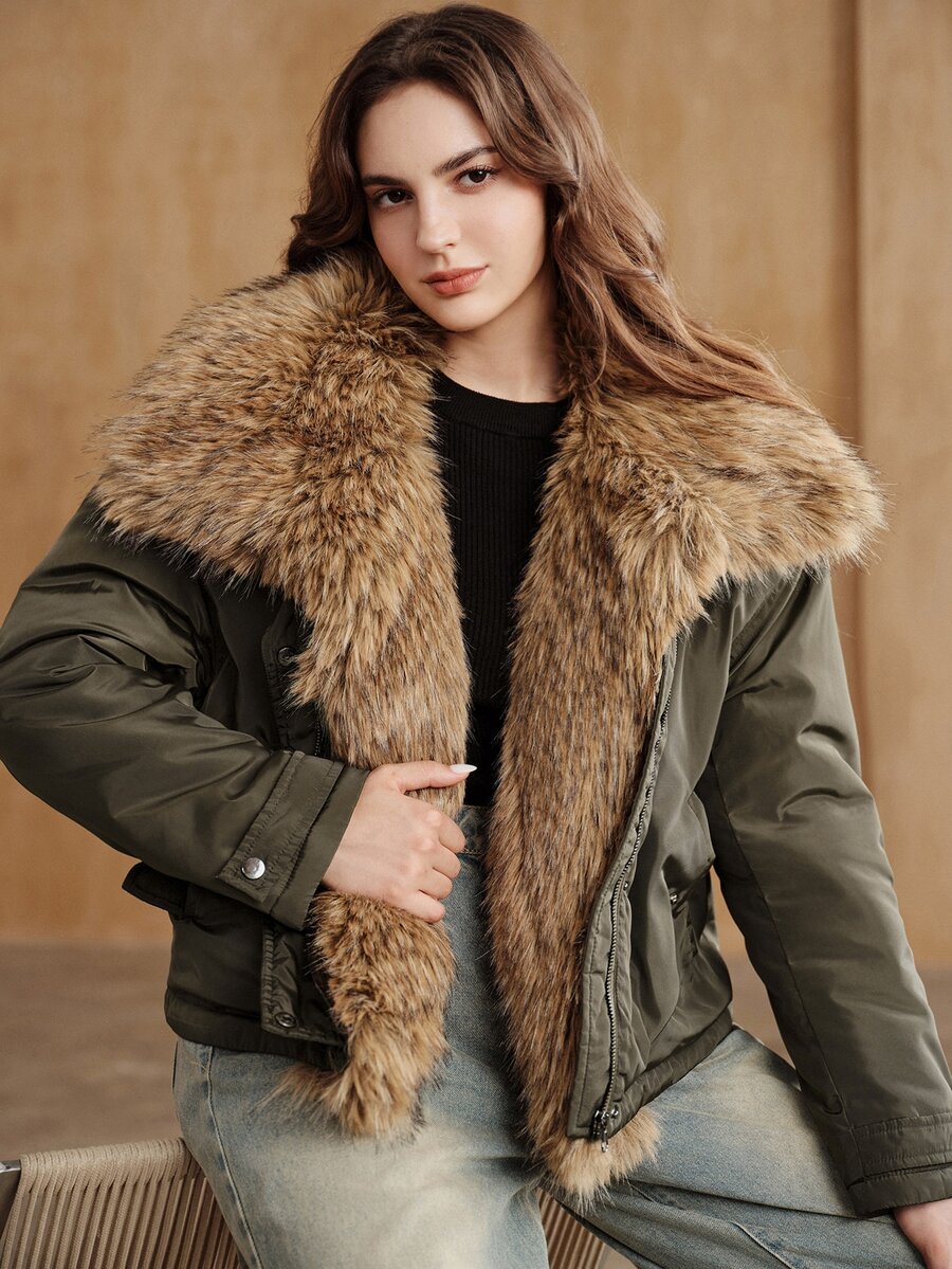 Anewsta Women's Autumn/Winter Short Padded Coat With Lapel Collar, Retro Dropped Shoulder Loose Silhouette - Army Green - View 1