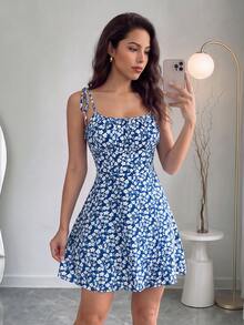Rafferiza Women's Spaghetti Strap Tie Ditsy Floral Mini Dress - Blue - View 1