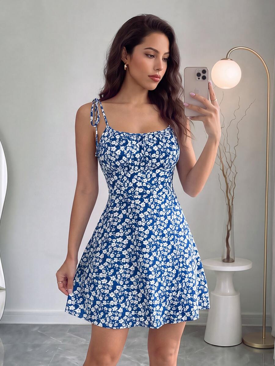 Rafferiza Women's Spaghetti Strap Tie Ditsy Floral Mini Dress - Blue - View 1