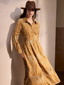 Zovinel Women's Vintage Button Jacquard Long Sleeve Dress,Autumn/Winter - Khaki - View 5