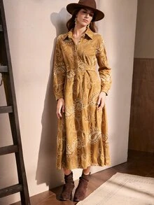 Zovinel Women's Vintage Button Jacquard Long Sleeve Dress,Autumn/Winter - Khaki - View 6