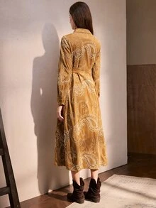 Zovinel Women's Vintage Button Jacquard Long Sleeve Dress,Autumn/Winter - Khaki - View 2
