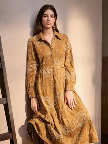 Zovinel Women's Vintage Button Jacquard Long Sleeve Dress,Autumn/Winter - Khaki - View 1
