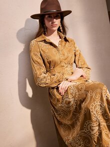 Zovinel Women's Vintage Button Jacquard Long Sleeve Dress,Autumn/Winter - Khaki - View 8