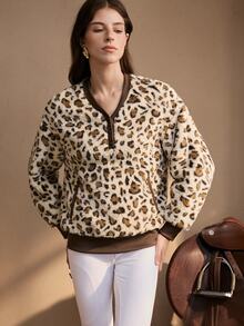 Zovinel Fashion Women's American Collegiate Style Casual Streetwear Colorblock Ribbed Leopard Print Pullover Top Travel Grey Leopard Print Fall - Multicolor - View 4
