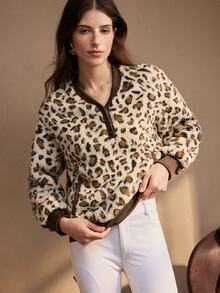 Zovinel Fashion Women's American Collegiate Style Casual Streetwear Colorblock Ribbed Leopard Print Pullover Top Travel Grey Leopard Print Fall - Multicolor - View 5