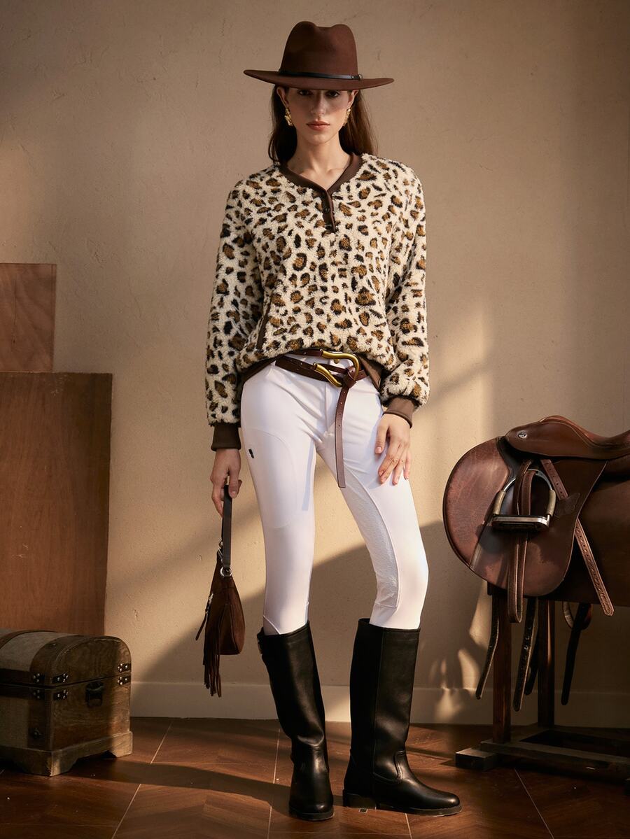 Zovinel Fashion Women's American Collegiate Style Casual Streetwear Colorblock Ribbed Leopard Print Pullover Top Travel Grey Leopard Print Fall - Multicolor - View 1