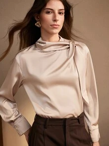 Zovinel Women's Elegant Tie-Front Long Sleeve Satin Blouse For Outings And Vacations,Autumn/Winter - Camel - View 7