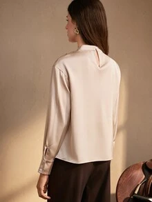 Zovinel Women's Elegant Tie-Front Long Sleeve Satin Blouse For Outings And Vacations,Autumn/Winter - Camel - View 2