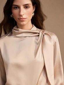 Zovinel Women's Elegant Tie-Front Long Sleeve Satin Blouse For Outings And Vacations,Autumn/Winter - Camel - View 5