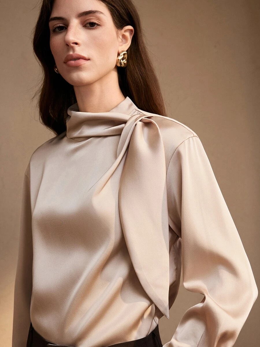Zovinel Women's Elegant Tie-Front Long Sleeve Satin Blouse For Outings And Vacations,Autumn/Winter - Camel - View 1