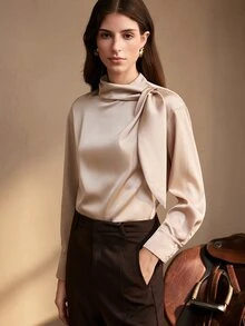 Zovinel Women's Elegant Tie-Front Long Sleeve Satin Blouse For Outings And Vacations,Autumn/Winter - Camel - View 8