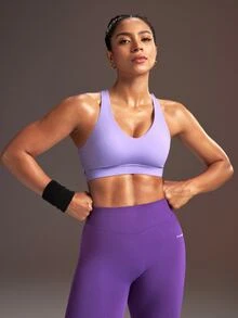 Powerista Women's Lavender Minimalist Cropped Sports Bra For Yoga Gym Pilates Running Workout Fitness Outdoor Purple Backless Reflective Racer Back Daily - Mauve Purple - View 6