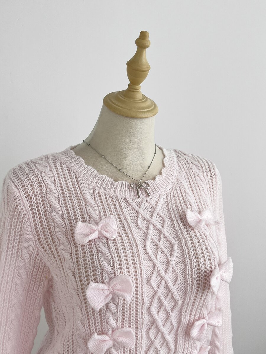 Elamini Women's Pink Casual Versatile Sweet 3D Bow Pullover Sweater For Daily Commute And Date, Autumn/Winter - Baby Pink - View 1