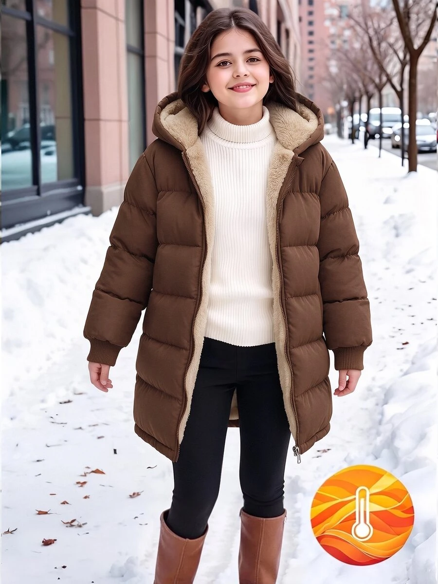 SHEIN 1pc Young Girl Mid-Length Long Sleeve Padded Coat, Plush Lining, Comfortable And Warm, Solid Color Outerwear Winter