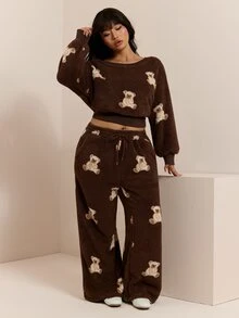 CovetEZ Autumn/Winter Asymmetrical Collar Teddy Fleece Bear Print Sweatshirt And Drawstring Pants Casual Plus Size 2 Pieces Set - Brown - View 6