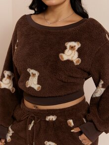 CovetEZ Autumn/Winter Asymmetrical Collar Teddy Fleece Bear Print Sweatshirt And Drawstring Pants Casual Plus Size 2 Pieces Set - Brown - View 7