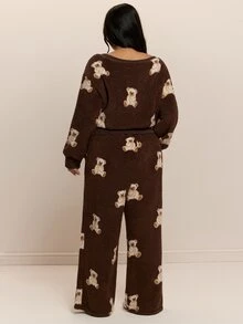 CovetEZ Autumn/Winter Asymmetrical Collar Teddy Fleece Bear Print Sweatshirt And Drawstring Pants Casual Plus Size 2 Pieces Set - Brown - View 2