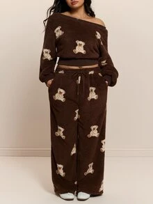 CovetEZ Autumn/Winter Asymmetrical Collar Teddy Fleece Bear Print Sweatshirt And Drawstring Pants Casual Plus Size 2 Pieces Set - Brown - View 5