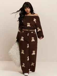 CovetEZ Autumn/Winter Asymmetrical Collar Teddy Fleece Bear Print Sweatshirt And Drawstring Pants Casual Plus Size 2 Pieces Set - Brown - View 4