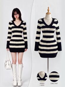 Mori Grove Mori Grove Women's Autumn/Winter Lazy Fashion Versatile Sexy Striped Sweater Dress For Party And Photos - Multicolor - View 1