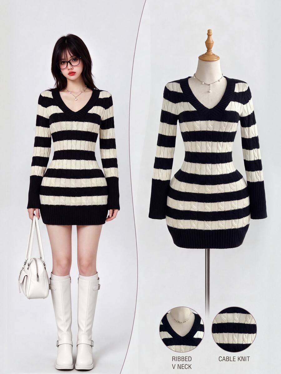 Mori Grove Mori Grove Women's Autumn/Winter Lazy Fashion Versatile Sexy Striped Sweater Dress For Party And Photos - Multicolor - View 1