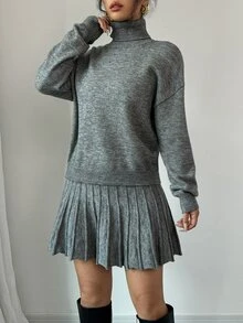 Rafferiza 2 件套纯色宽松百褶裙和高领毛衣套装 - 深灰色 - 查看 5