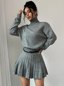 Rafferiza 2 件套纯色宽松百褶裙和高领毛衣套装 - 深灰色 - 查看 9