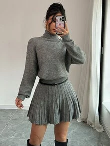 Rafferiza 2 件套纯色宽松百褶裙和高领毛衣套装 - 深灰色 - 查看 7