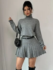 Rafferiza 2 件套纯色宽松百褶裙和高领毛衣套装 - 深灰色 - 查看 6