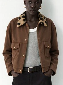 SHEIN Franclia Corduroy Short Utility Jacket, Leopard Print Plush Contrast Lapel, Snap Button Flap Pockets, Autumn/Winter Outerwear - Brown - View 5