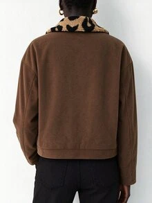 SHEIN Franclia Corduroy Short Utility Jacket, Leopard Print Plush Contrast Lapel, Snap Button Flap Pockets, Autumn/Winter Outerwear - Brown - View 2