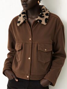 SHEIN Franclia Corduroy Short Utility Jacket, Leopard Print Plush Contrast Lapel, Snap Button Flap Pockets, Autumn/Winter Outerwear - Brown - View 4