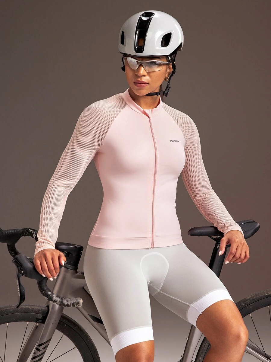 Powerista Women's Pink Raglan Sleeve Zip Up Cycling Jersey Cycling Top For Bike Riding Road Cycling Outdoor Workout Training Breathable Mesh Reflective Pocket - Pink - View 1