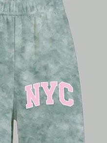 女童秋冬休閒時尚清新綠色紮染 NYC 字母印花圓領衛衣與寬腿褲套裝 2026 - 彩色 - 查看 6